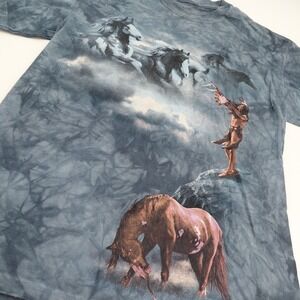 Vtg The‎ Mountain Native American Chief Horses Tie Dye Y2K Horse Mens M Blue